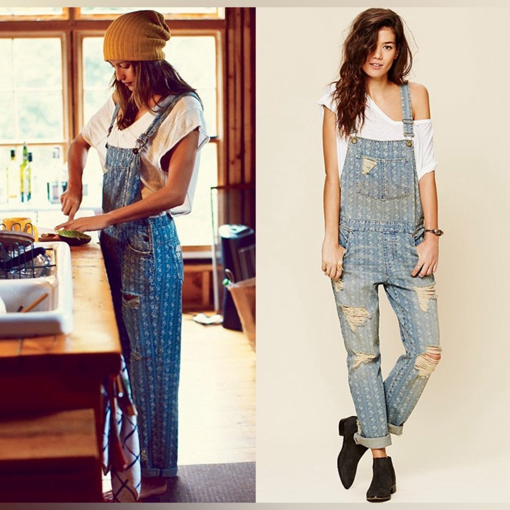 Free People Distressed Denim Floral Overalls